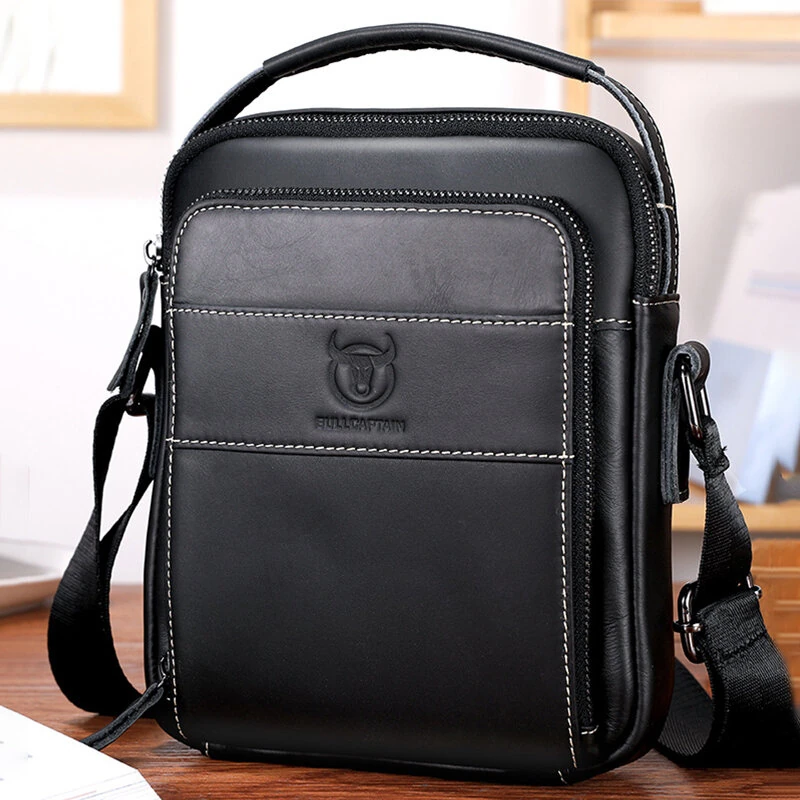 (image for) BULLCAPTAIN Genuine Leather Men Shoulder Bags Vintage Small Flap Crossbody Briefcase Handbag Vintage Messenger Bag