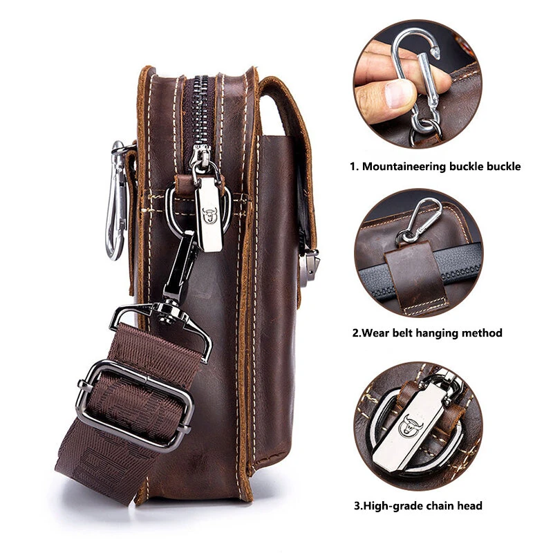 (image for) BULLCAPTAIN Men Casual Waist Bag Belt Purse Genuine Leather Multifunctional Shoulder Messbage Bag Mobile Phone Crossbody Bags Waist Pack